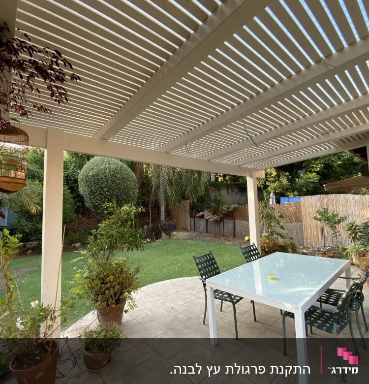 שולחן זכוכית עם כיסאות בגינה תחת פרגולה מעץ